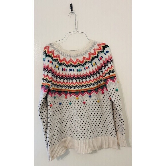 Talbots Carnival Fair Isle Pom Pom Back Button Wool-Blend Sweater Women’s Med - Picture 5 of 5